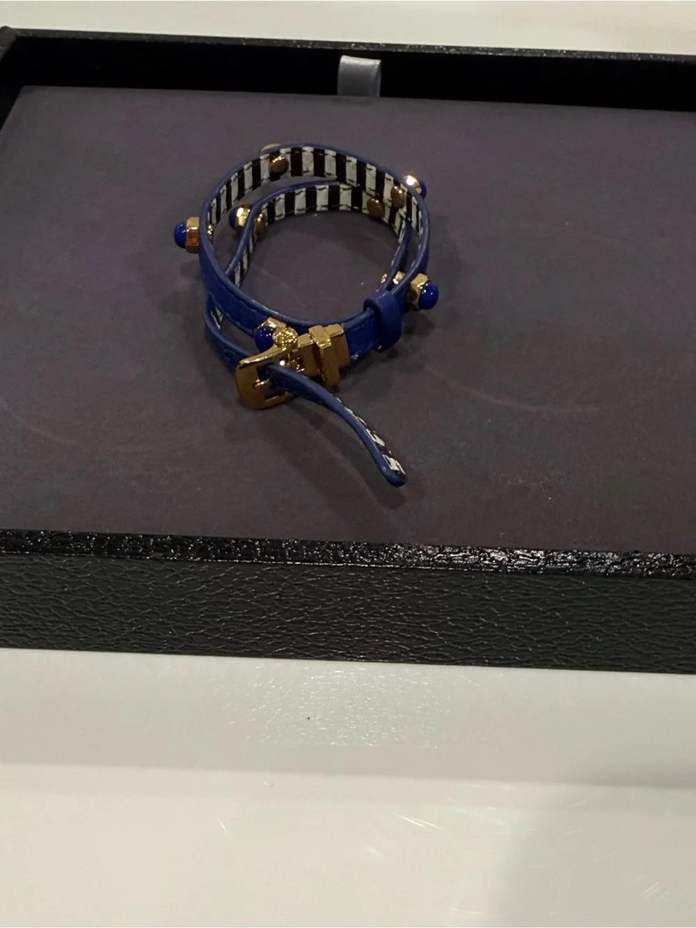 Henri Bendel Cobalt Blue Double Wrap Leather Stud Bracelet Gold Tone